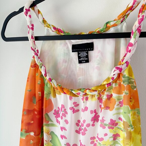 Apostrophe Floral Top Tank with Braided Neckline XL Orange Green White - Picture 2 of 6